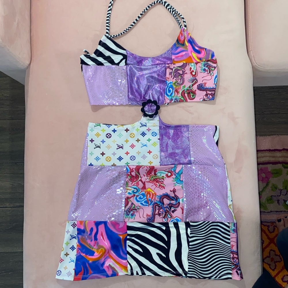 rheabfunky the 606 cut out patchwork dress